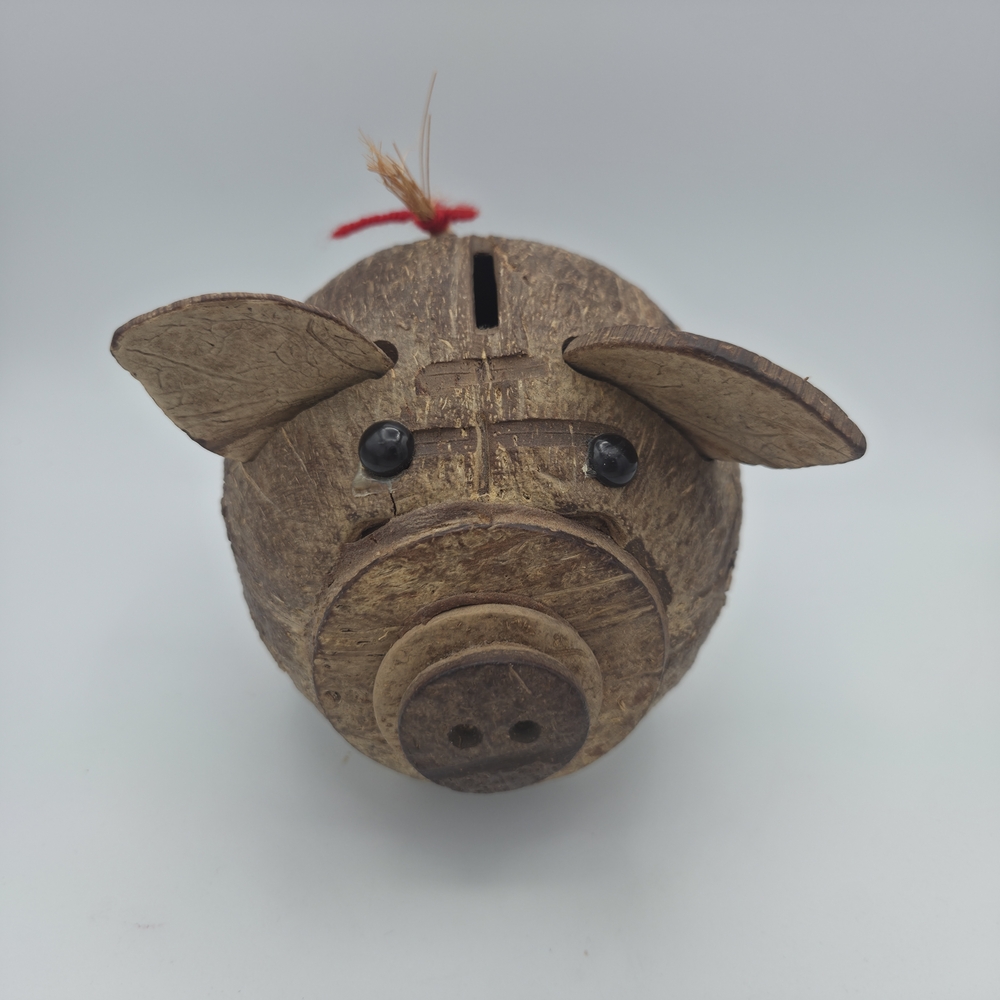 Handmade Coconut Shell Piggy Bank - Brown